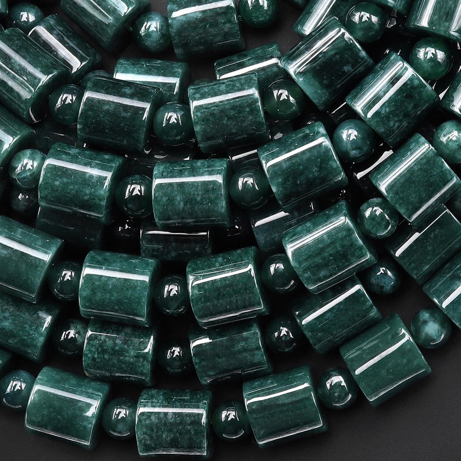 AAA Natural Guatemalan Dark Blue Green Jade Smooth Tube Cylinder Round Beads 15.5" Strand