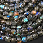AAA Faceted Natural Labradorite Square Cushion Beads 8mm Brilliant Golden Blue Green Flashes Fire 15.5" Strand