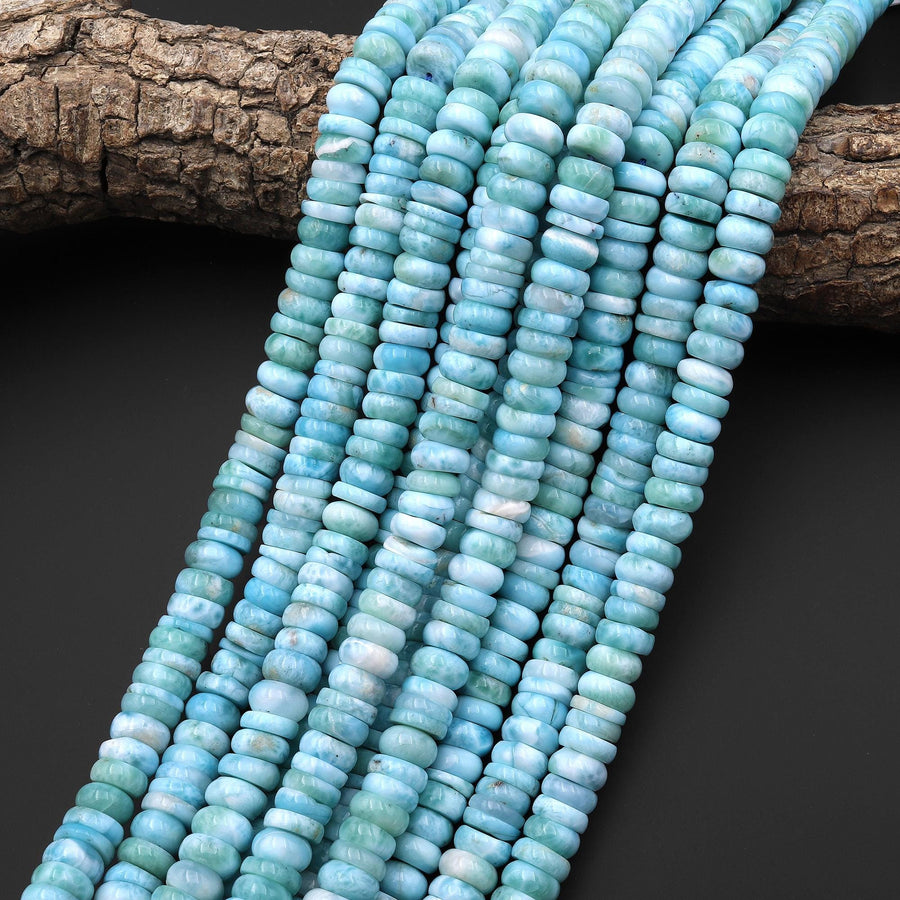 AAA Large Natural Blue Larimar Beads Smooth 9mm 10mm Heishi Rondelle Gemstone 15.5" Strand