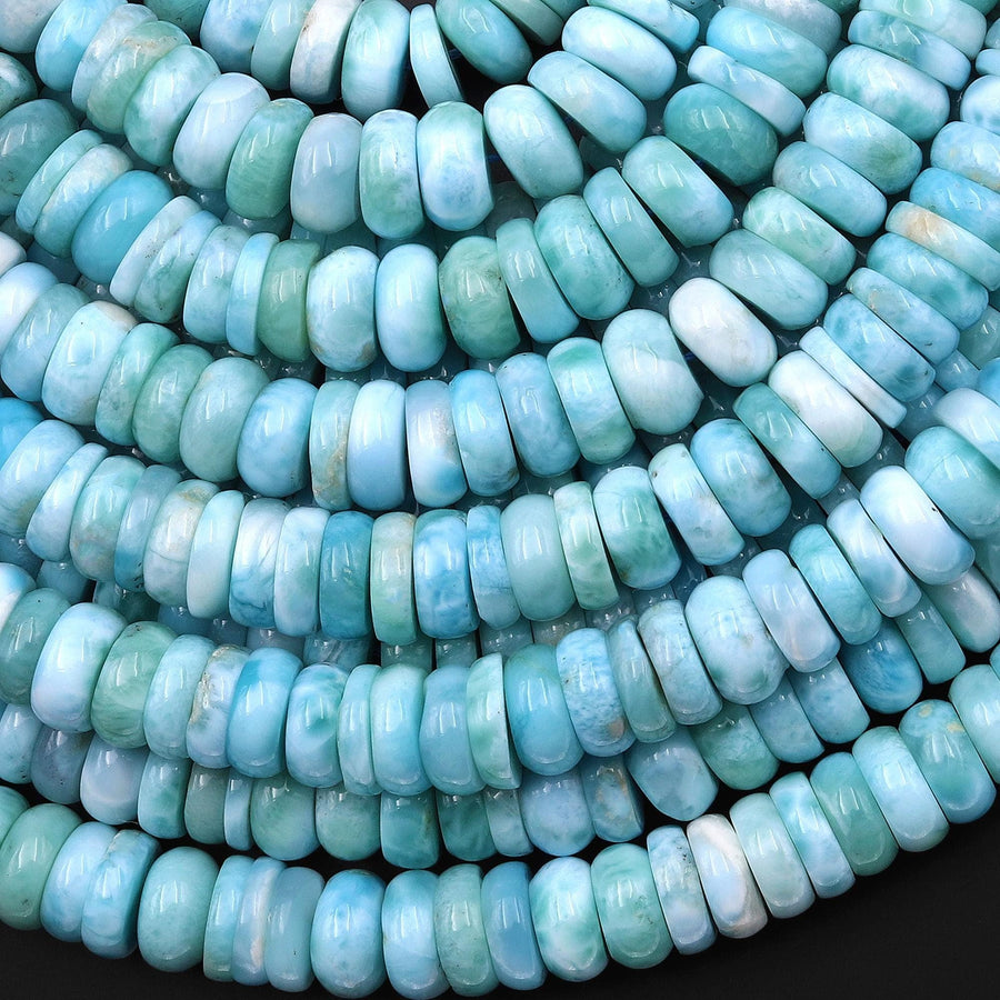 AAA Large Natural Blue Larimar Beads Smooth 9mm 10mm Heishi Rondelle Gemstone 15.5" Strand