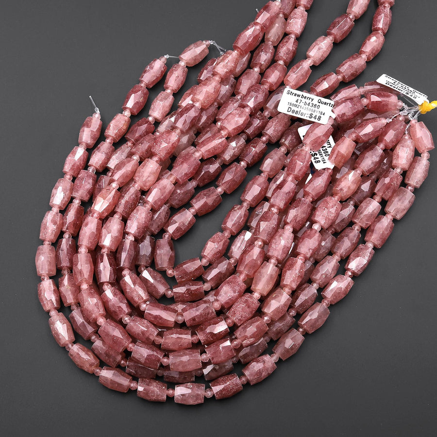 AAA Faceted Natural Mauve Red Strawberry Quartz Drum Beads 15.5" Strand