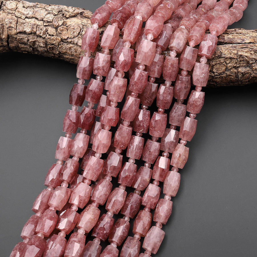 AAA Faceted Natural Mauve Red Strawberry Quartz Drum Beads 15.5" Strand