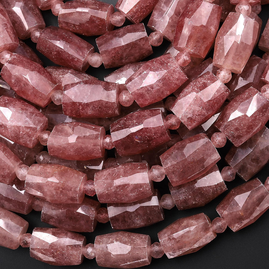 AAA Faceted Natural Mauve Red Strawberry Quartz Drum Beads 15.5" Strand