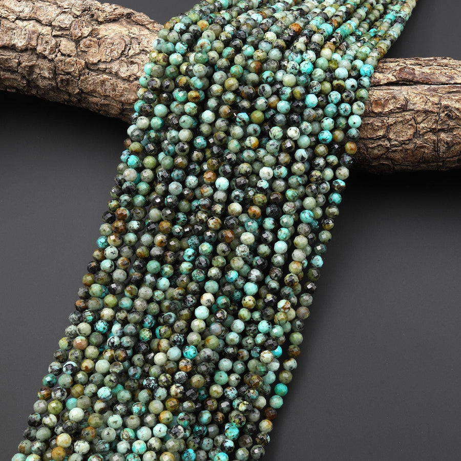 Faceted Natural African Turquoise 2mm 3mm 4mm Round Beads Gemstone 15" Strand