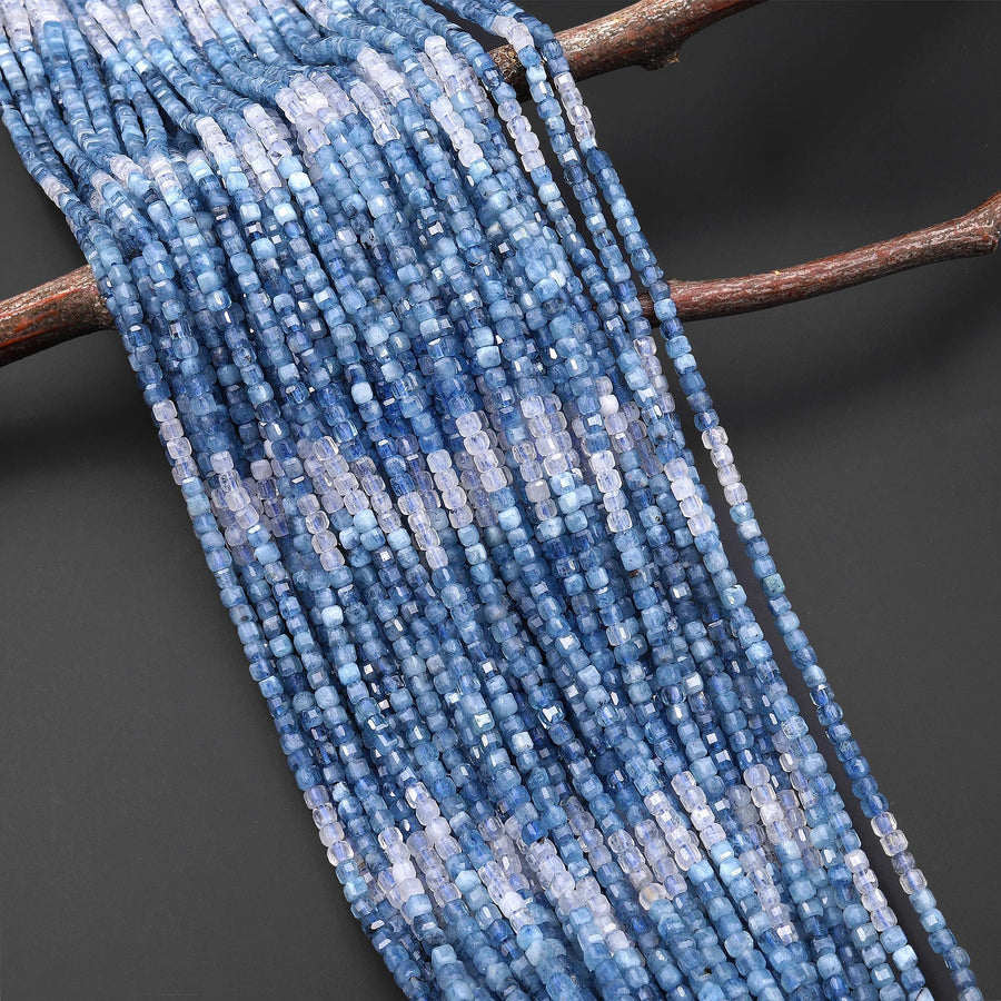AAA Natural Santa Maria Blue Aquamarine Faceted 3mm Cube Beads Ombre Gemstone 15.5" Strand