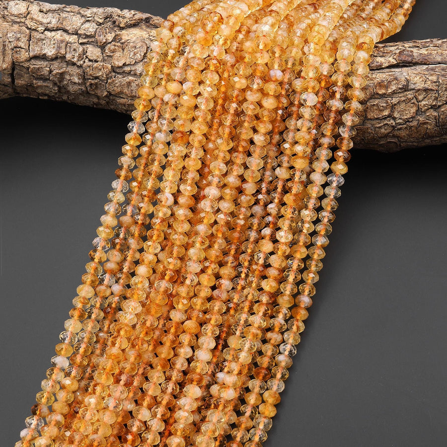 AAA Faceted Natural Golden Yellow Citrine Rondelle Beads 6mm 15.5" Strand