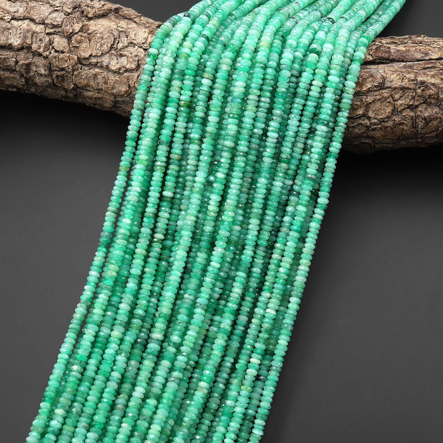 AAA Faceted Natural Green Emerald Gemstone 3mm 4mm Thin Rondelle Heishi Gemstone May Birthstone 15.5" Strand