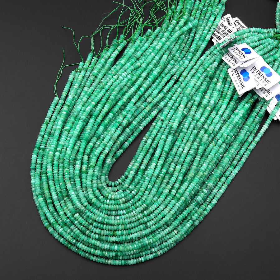AAA Faceted Natural Green Emerald Gemstone 3mm 4mm Thin Rondelle Heishi Gemstone May Birthstone 15.5" Strand