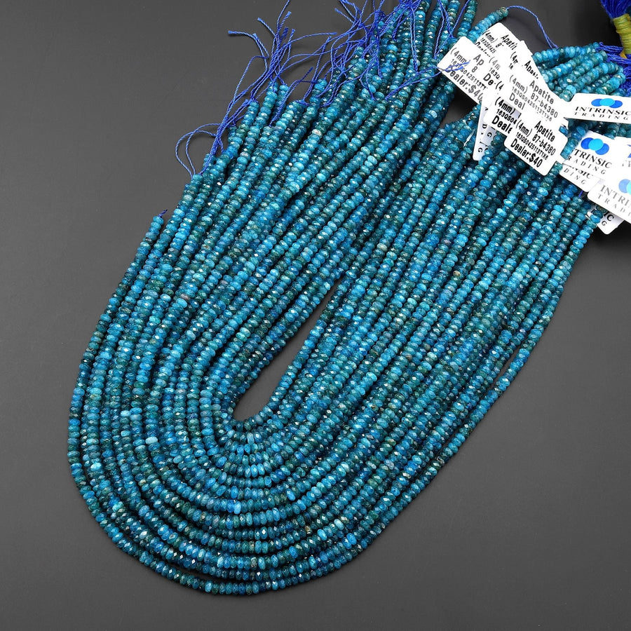 Faceted Natural Teal Blue Apatite 4mm Thin Rondelle Beads Gemstone 15.5" Strand