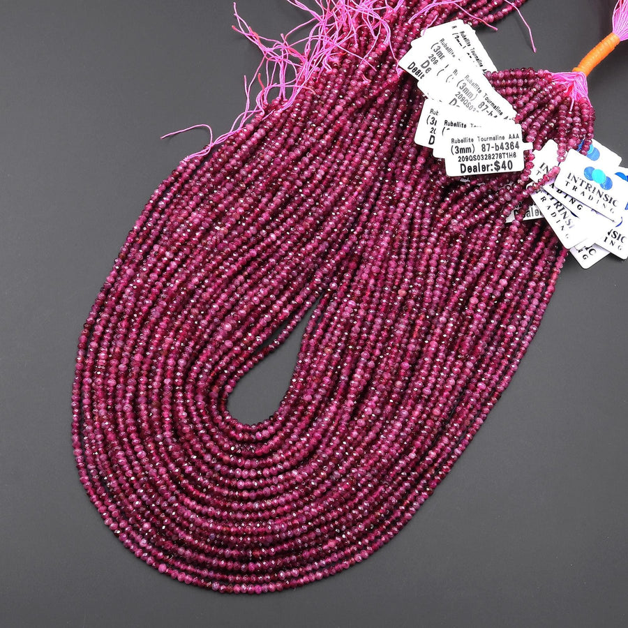 AAA Faceted Natural Red Pink Rubellite Tourmaline 3mm Rondelle Beads Gemstone 15.5" Strand