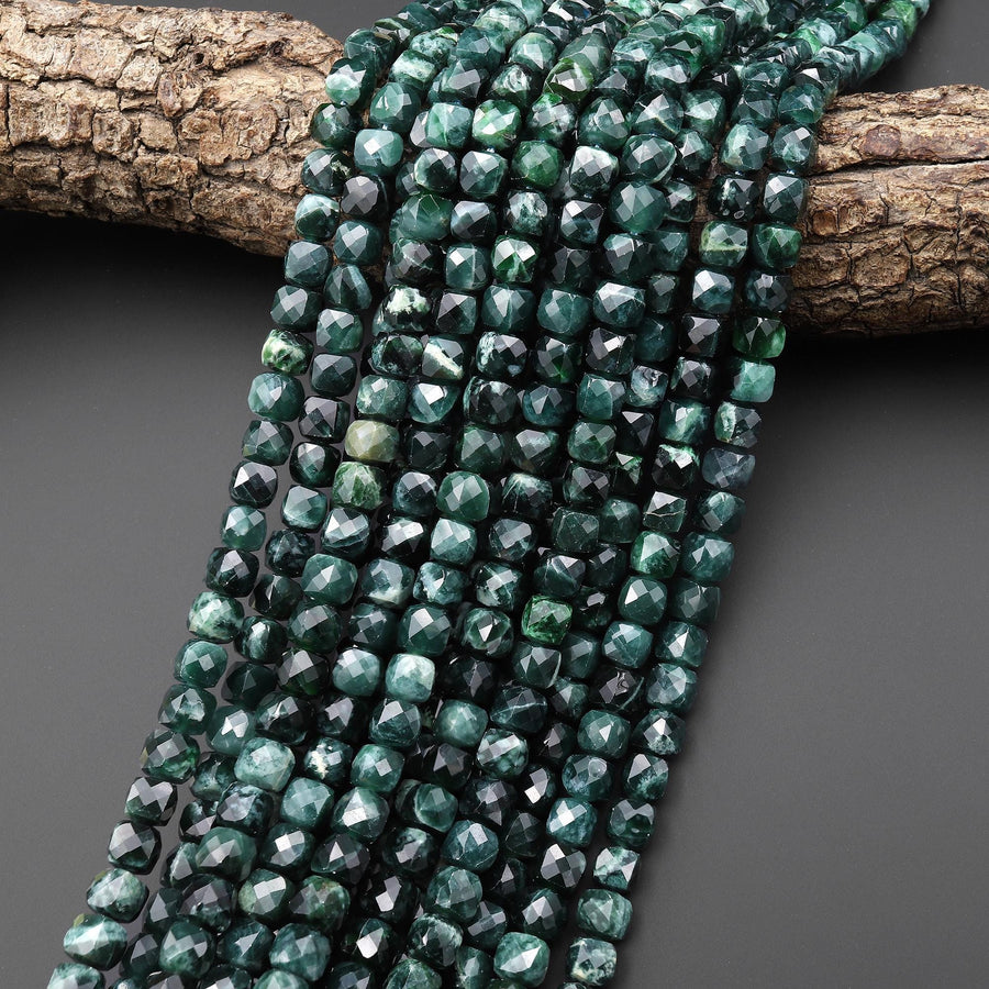 Faceted AAA Natural Guatemalan Dark Blue Green Jade 8mm Cube Beads 15.5" Strand
