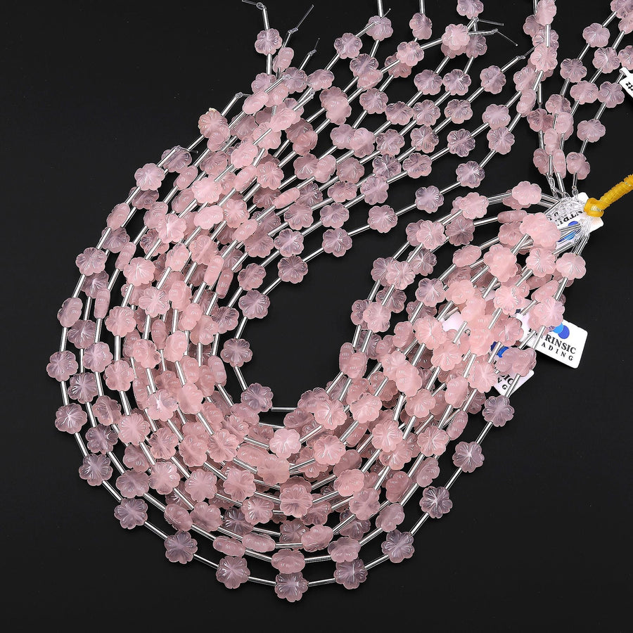 Natural Pink Rose Quartz Crystal Hand Carved Cherry Blossom Flower Gemstone 3D 10mm Beads Strand