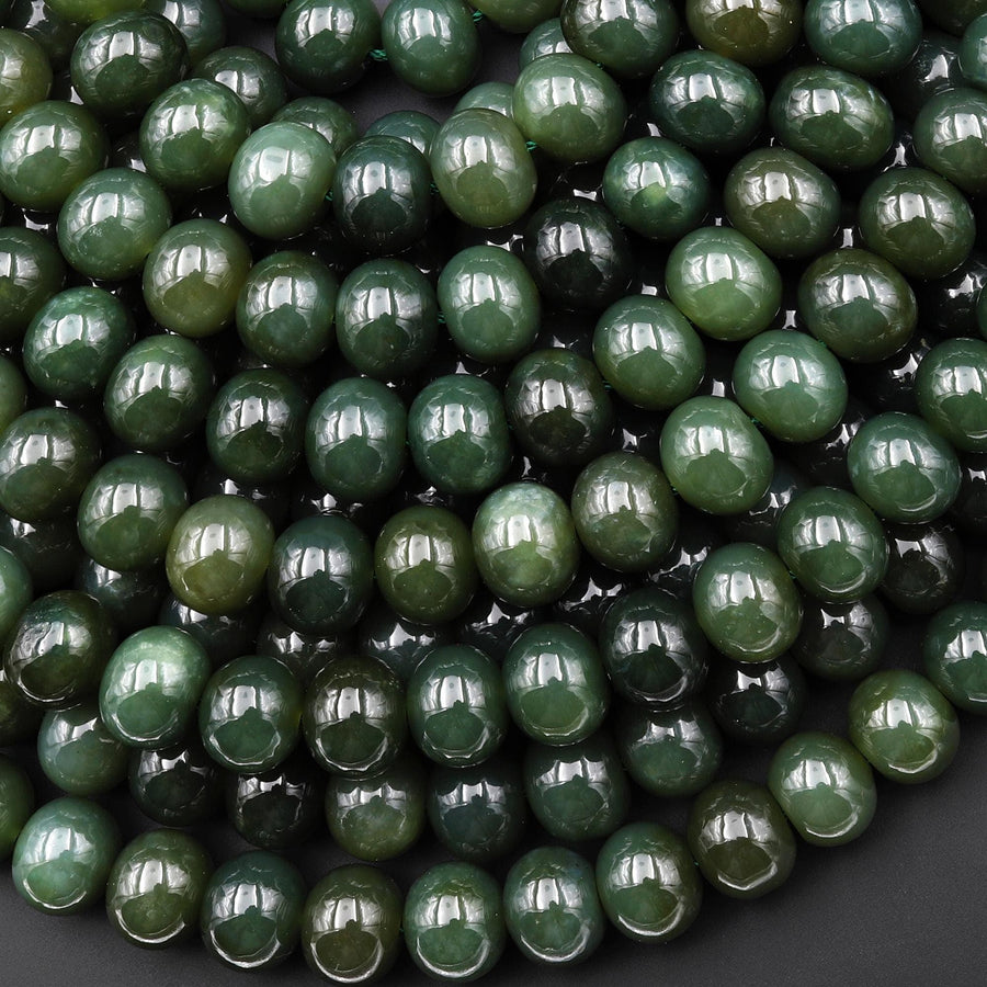 Natural Dark Forest Green Jade Smoot 10mm Thick Rondelle Barrel Beads 15.5" Strand