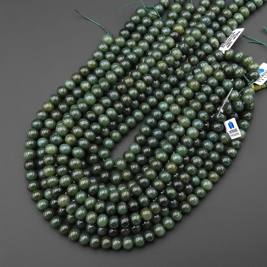 Natural Dark Forest Green Jade Smoot 10mm Thick Rondelle Barrel Beads 15.5" Strand