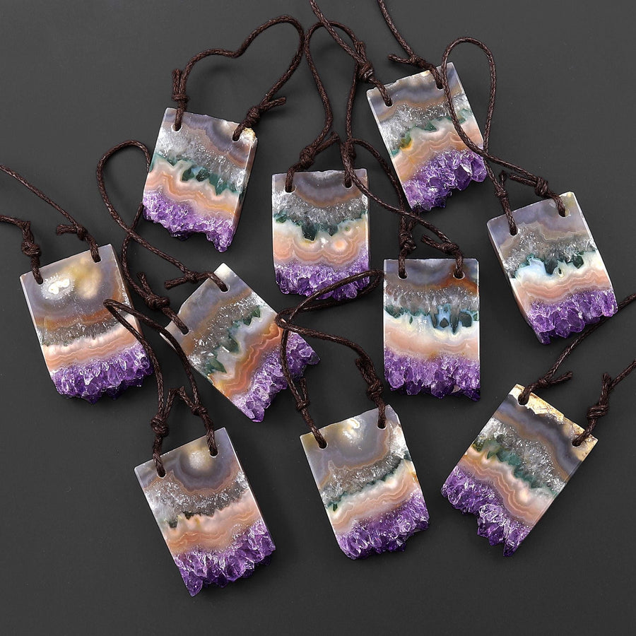 2 Hole Pendant Natural Green Purple Amethyst Stalactite Crystal Pendant Flat Slice Rectangle