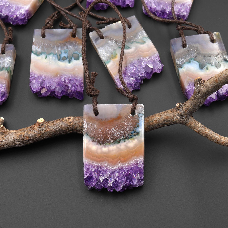 2 Hole Pendant Natural Green Purple Amethyst Stalactite Crystal Pendant Flat Slice Rectangle