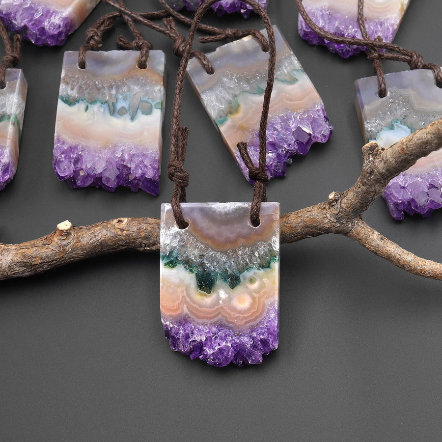 2 Hole Pendant Natural Green Purple Amethyst Stalactite Crystal Pendant Flat Slice Rectangle