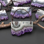 Two 2 Hole Pendant Natural Purple Green Amethyst Stalactite Pendant Flat Slice Long Rectangle