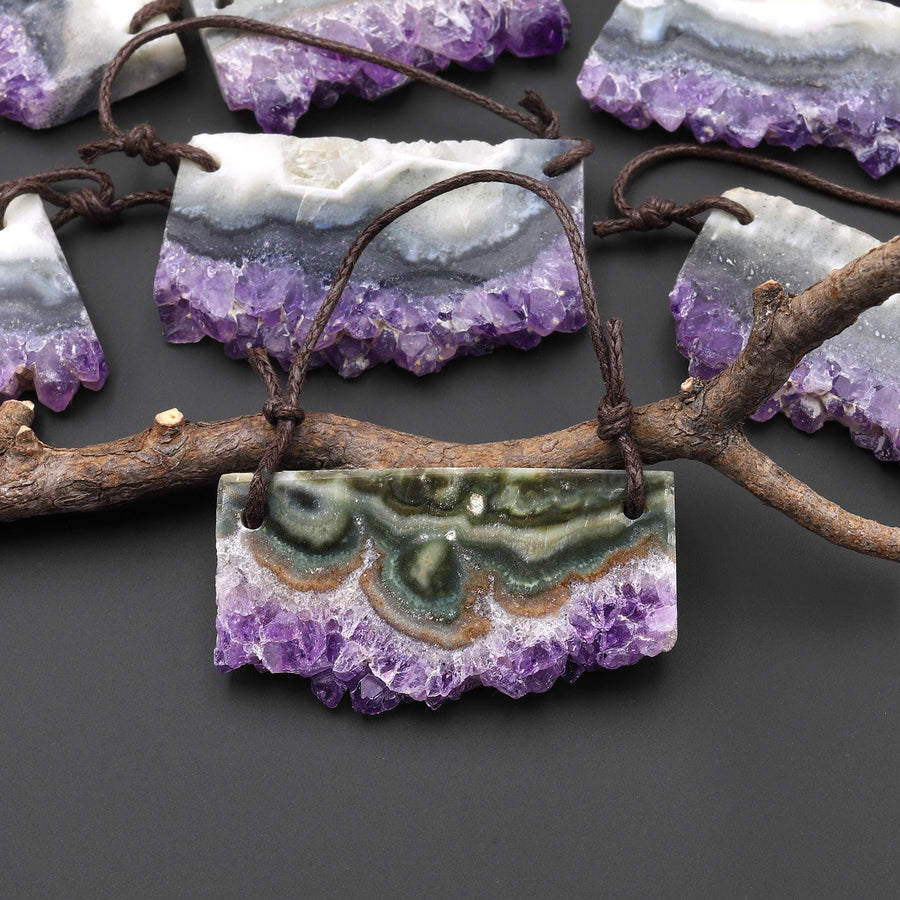 Two 2 Hole Pendant Natural Purple Green Amethyst Stalactite Pendant Flat Slice Long Rectangle A6