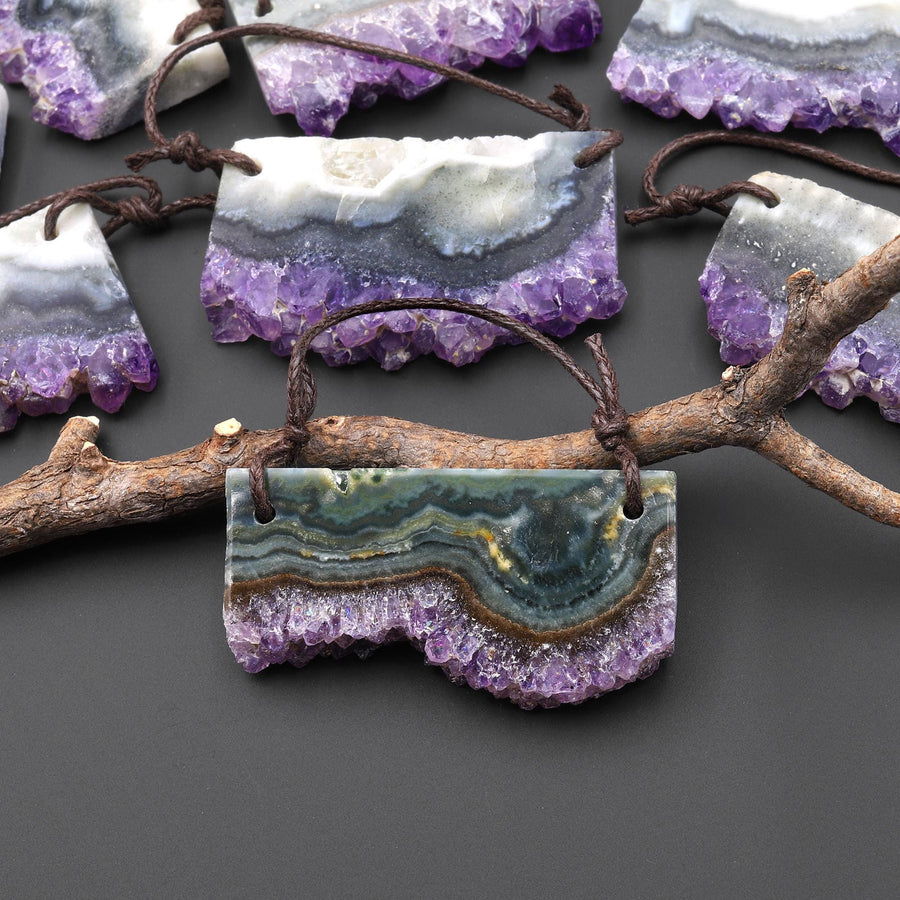 Two 2 Hole Pendant Natural Purple Green Amethyst Stalactite Pendant Flat Slice Long Rectangle A7