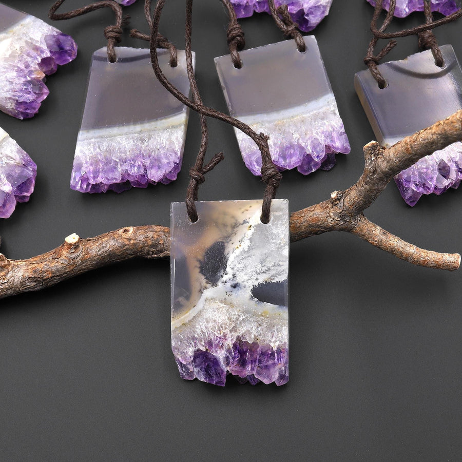 Two 2 Hole Pendant Natural Smoky Quartz White Purple Amethyst Stalactite Rectangle