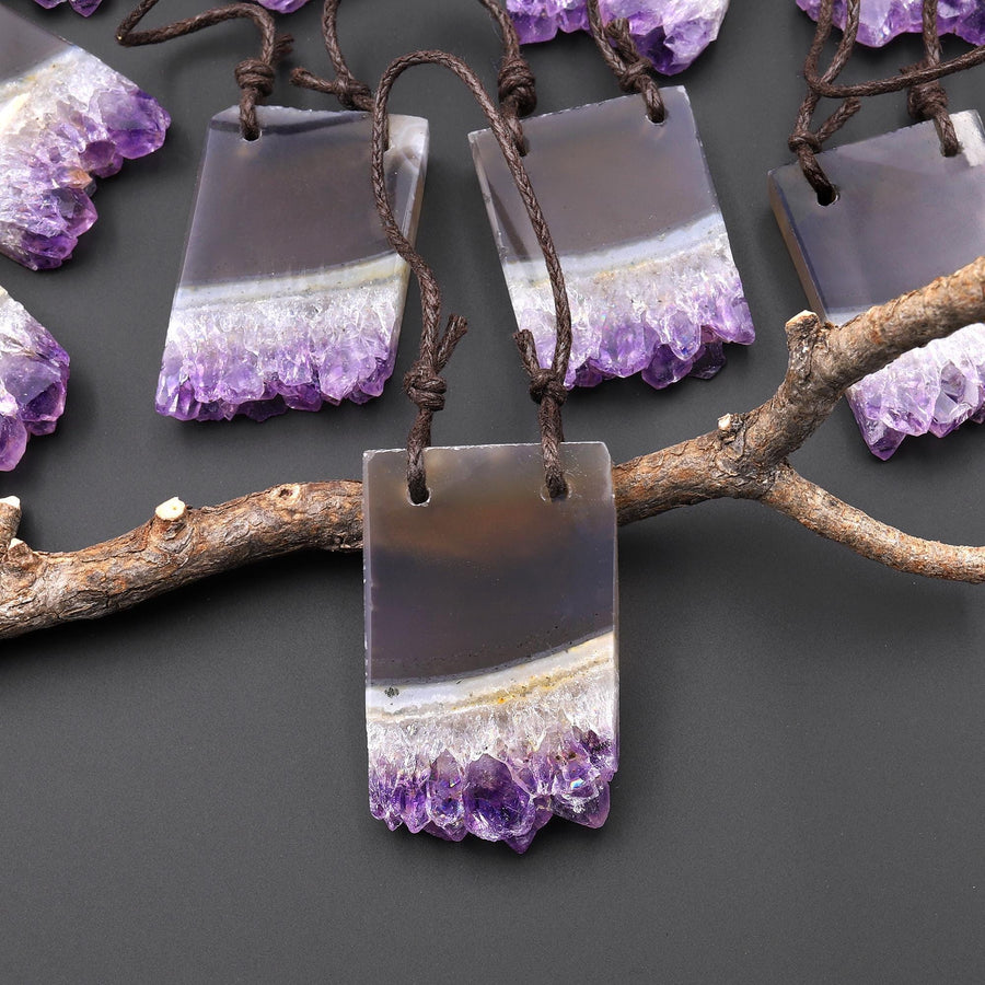 Two 2 Hole Pendant Natural Smoky Quartz White Purple Amethyst Stalactite Rectangle A1