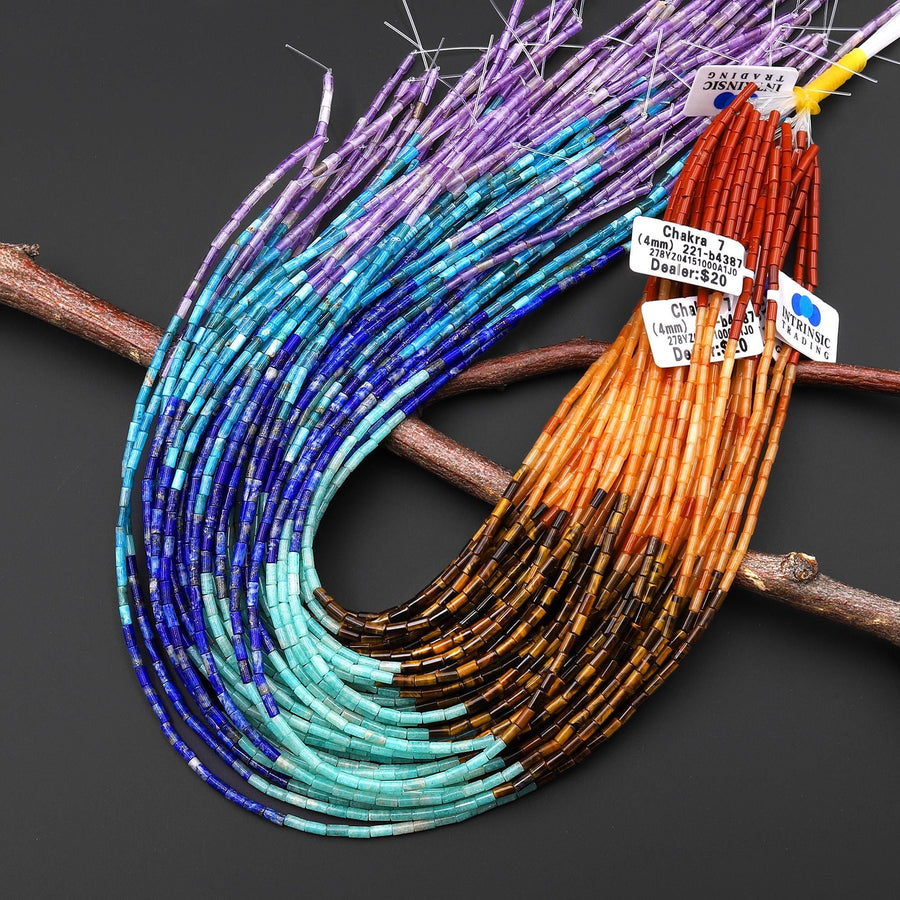 AAA Natural Chakra Beads 4x2mm Tube Gemstone Amethyst Apatite Lapis Amazonite Tiger's Eye Orange Aventurine Red Jasper 15.5" Strand