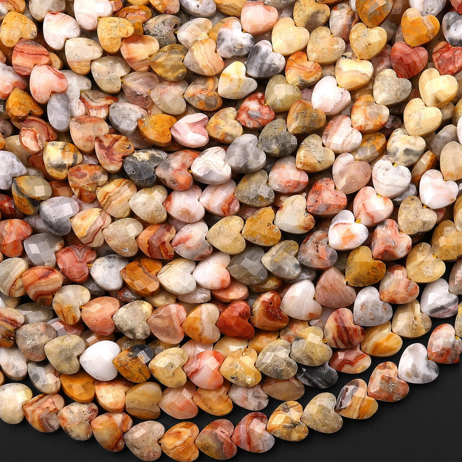 Natural Yellow Pink Crazy Lace Agate Faceted Heart Beads 6mm Center Drilled Gemstone 15.5" Strand