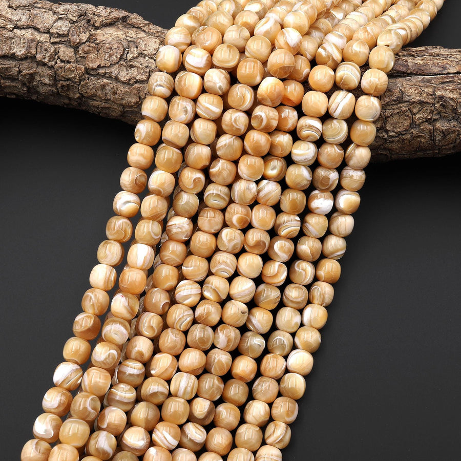 Natural Golden Brown Mother of Pearl Shell Rounded Pillow Cube Beads 6mm 8mm 10mm 15.5" Strand