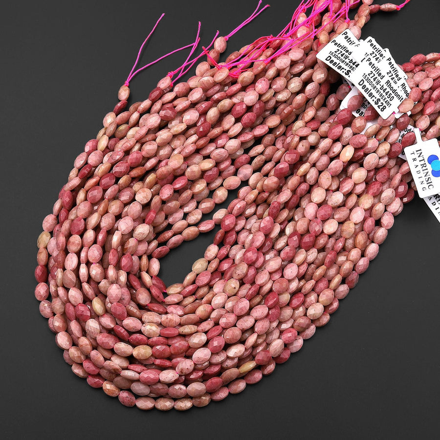 Faceted Natural Pink Petrified Rhodonite Oval Gemstone Beads 6x8mm 15.5" Strand