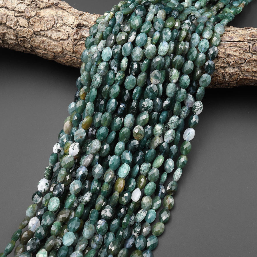 Faceted Natural Green Moss Agate Oval Gemstone Beads 6x8mm 15.5" Strand