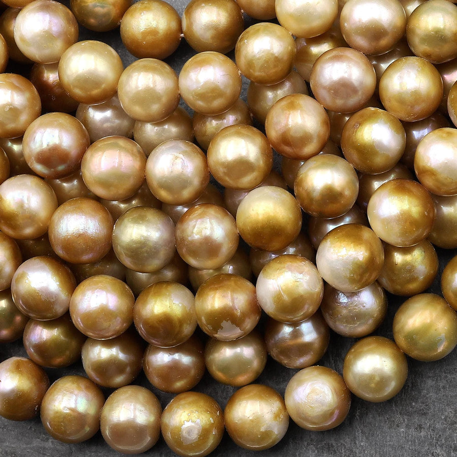 Rare Genuine Natural Gold Champagne Freshwater Round 10mm Pearl 15.5" Strand