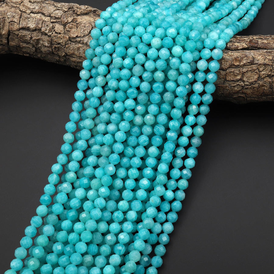 AAA Faceted Natural Sea Blue Peruvian Amazonite 6mm Round Beads 15.5" Strand