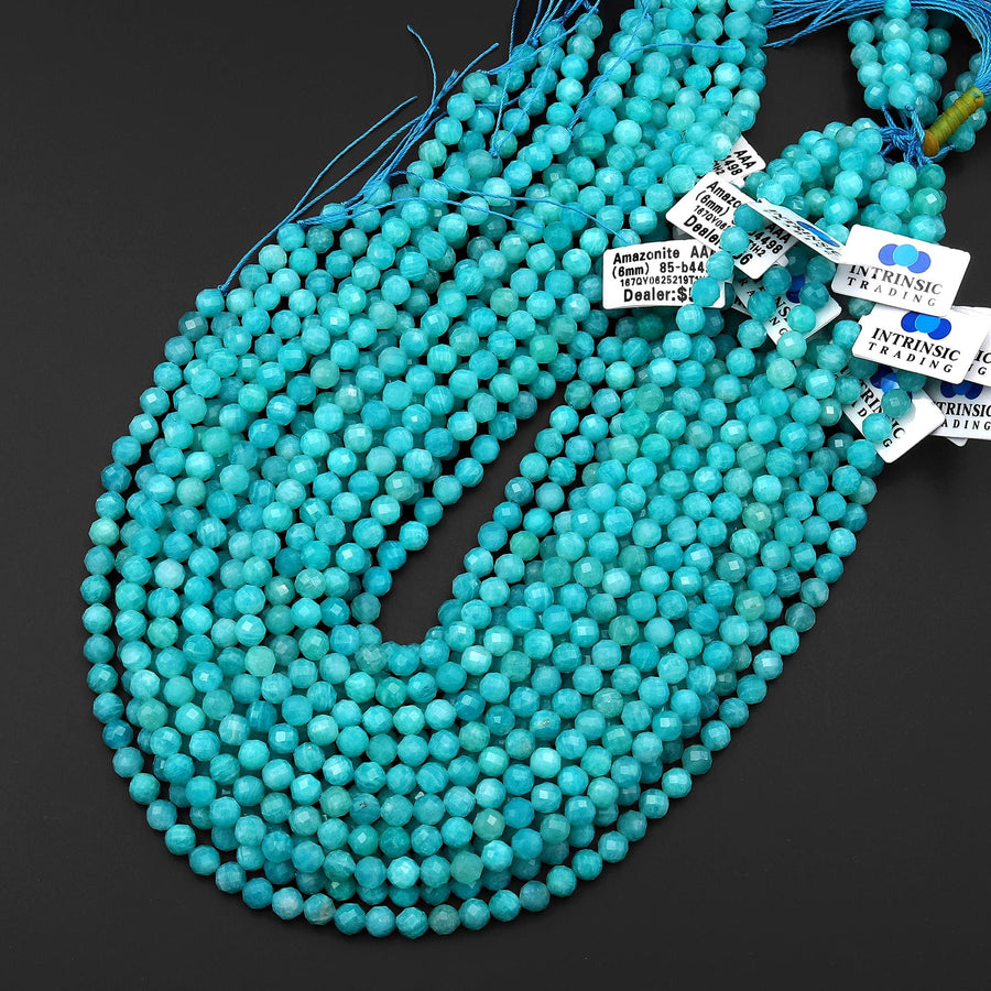AAA Faceted Natural Sea Blue Peruvian Amazonite 6mm Round Beads 15.5" Strand