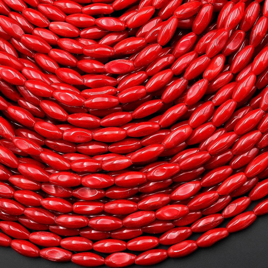 Genuine Red Bamboo Coral Thin Long Drum Rice Barrel Beads 15.5" Strand