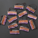 Two 2 Hole Pendant Natural Red Orange Purple Amethyst Stalactite Crystal Pendant Flat Slice Long Rectangle
