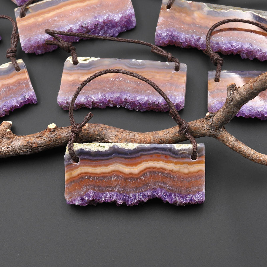 Two 2 Hole Pendant Natural Red Orange Purple Amethyst Stalactite Crystal Pendant Flat Slice Long Rectangle