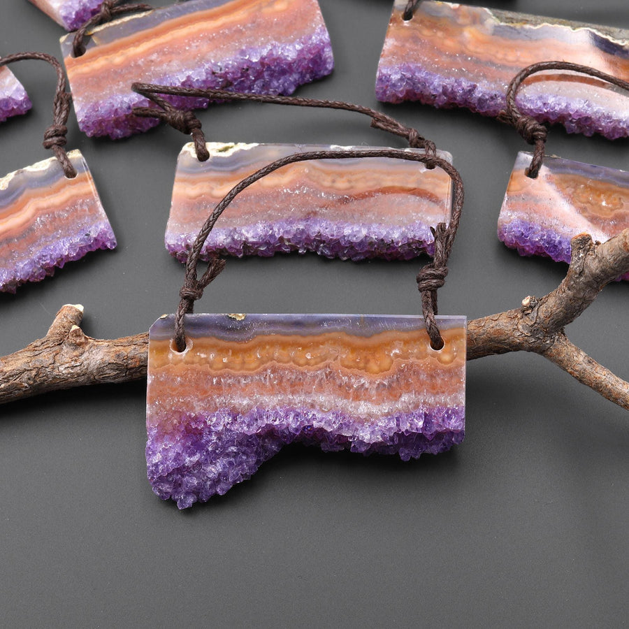 Two 2 Hole Pendant Natural Red Orange Purple Amethyst Stalactite Crystal Pendant Flat Slice Long Rectangle A2