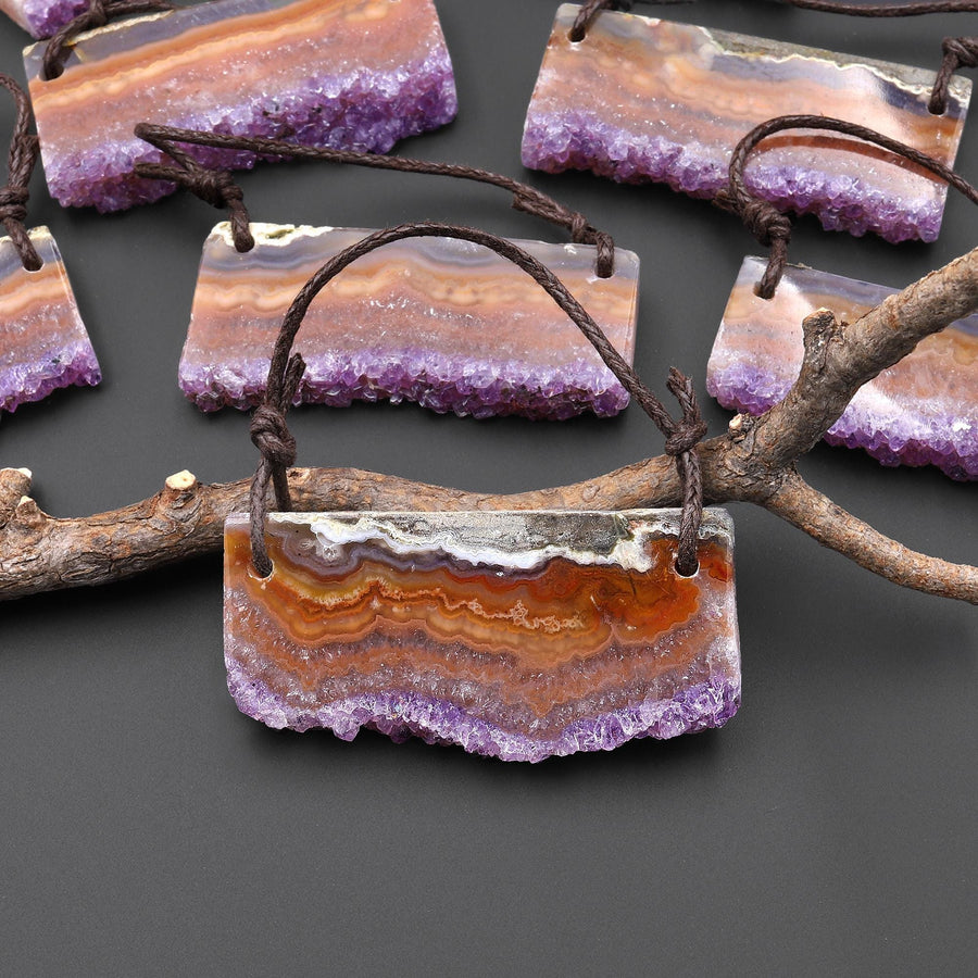 Two 2 Hole Pendant Natural Red Orange Purple Amethyst Stalactite Crystal Pendant Flat Slice Long Rectangle A5