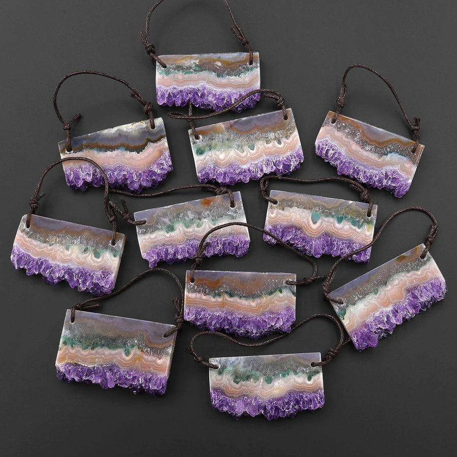 Two 2 Hole Pendant Natural Purple Orange Green Amethyst Stalactite Crystal Pendant Flat Slice Long Rectangle