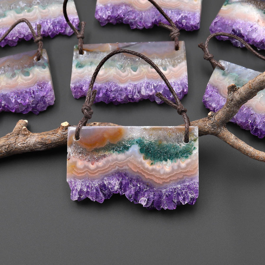 Two 2 Hole Pendant Natural Purple Orange Green Amethyst Stalactite Crystal Pendant Flat Slice Long Rectangle A2