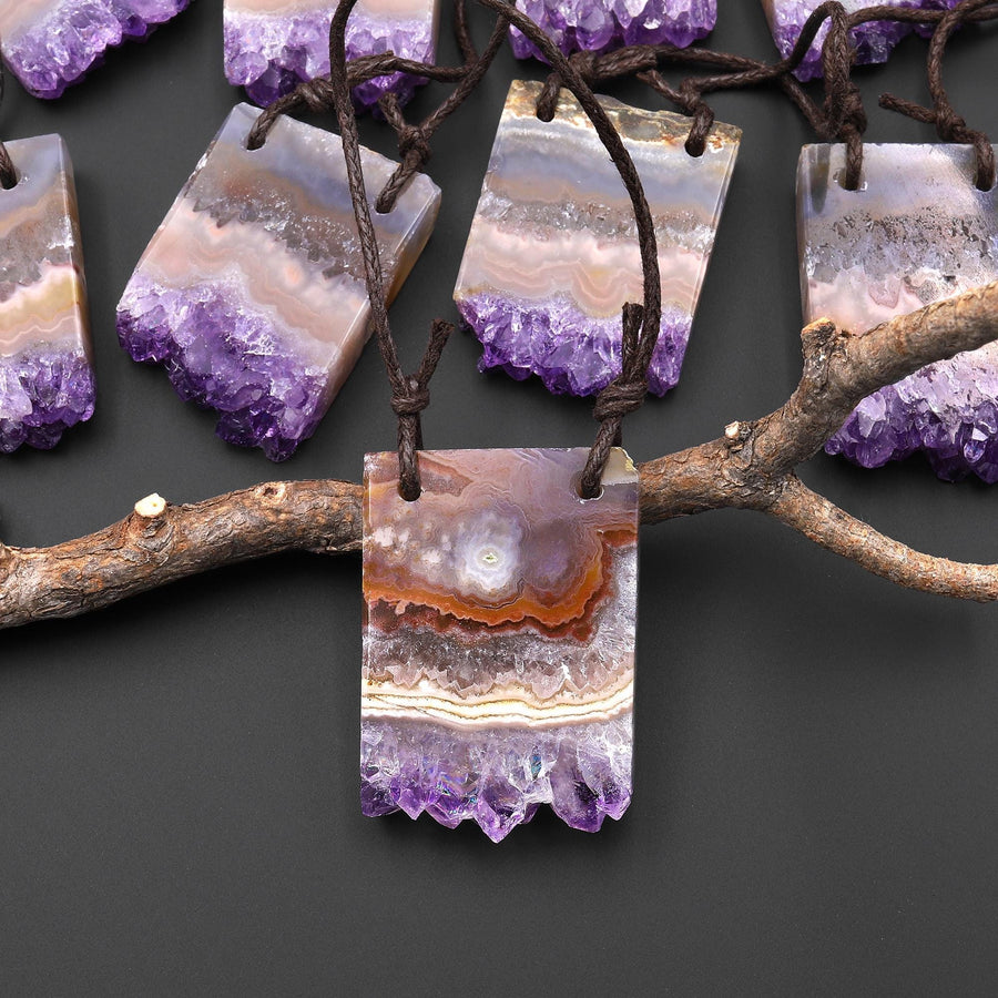 2 Hole Pendant Natural Orange Purple Amethyst Stalactite Crystal Pendant Flat Slice Rectangle