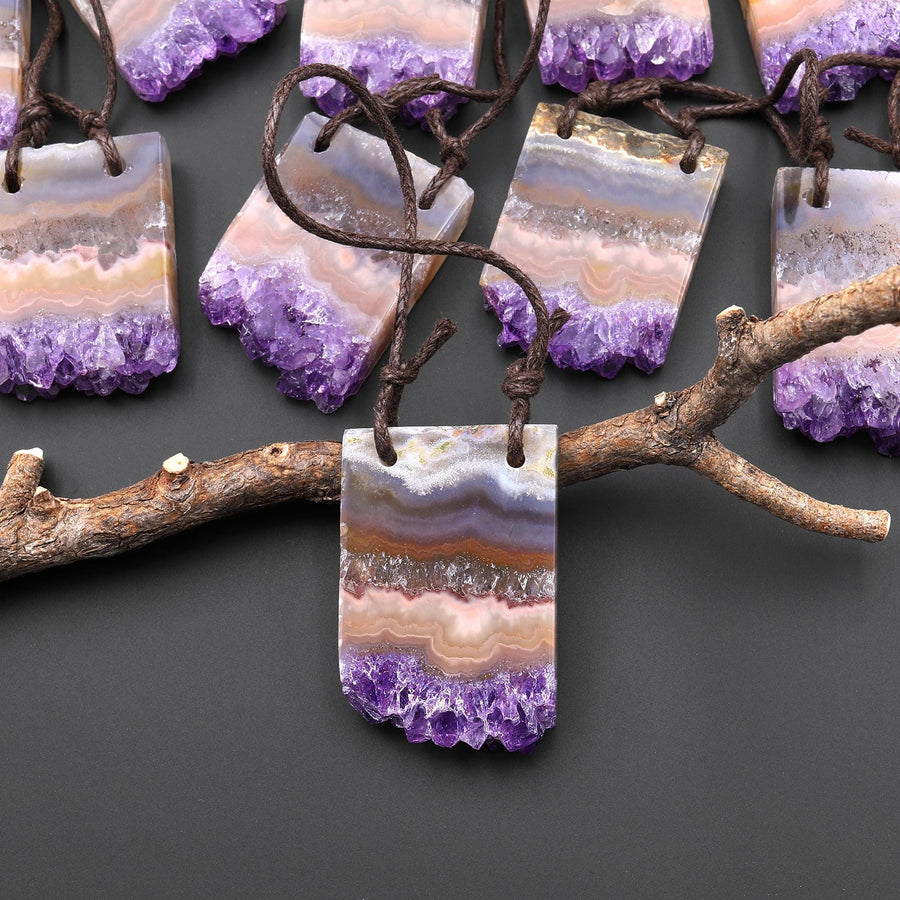 2 Hole Pendant Natural Orange Purple Amethyst Stalactite Crystal Pendant Flat Slice Rectangle