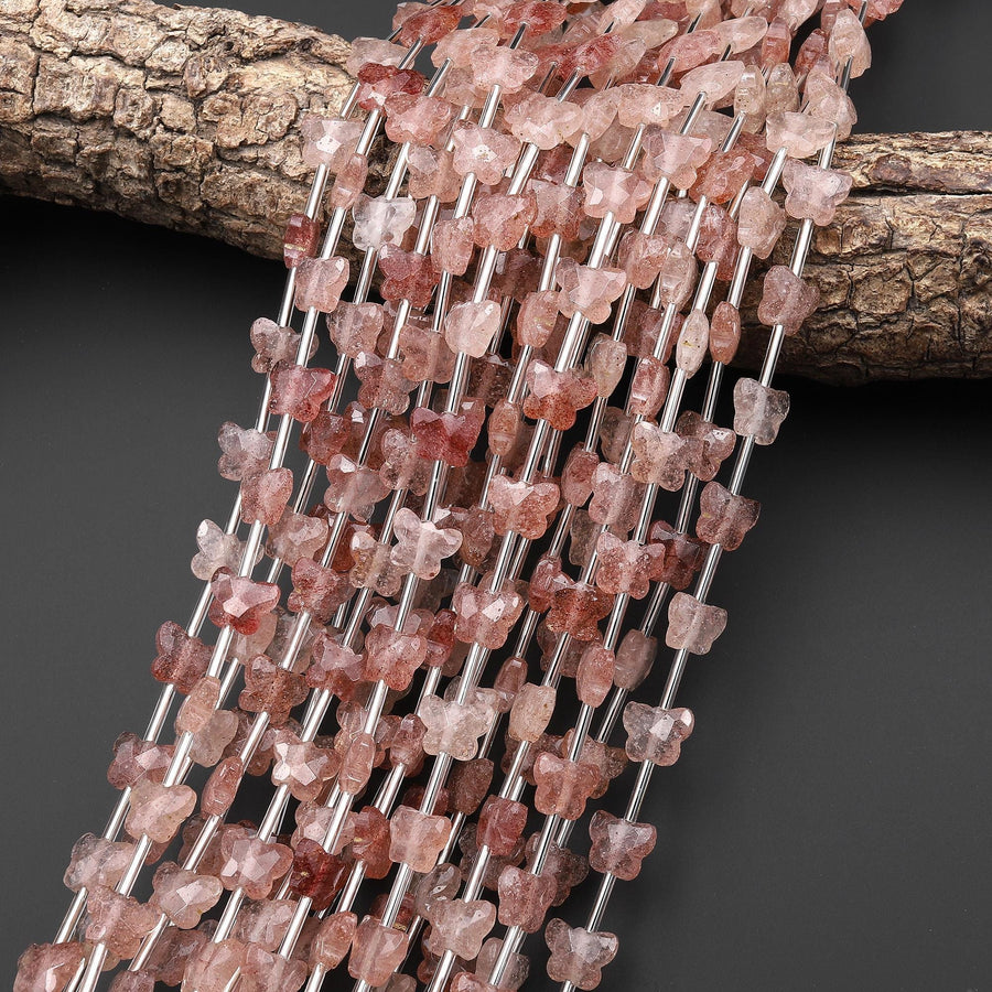 Faceted Natural Strawberry Quartz Butterfly Beads 10mm Carved Gemstone 15.5" Strand
