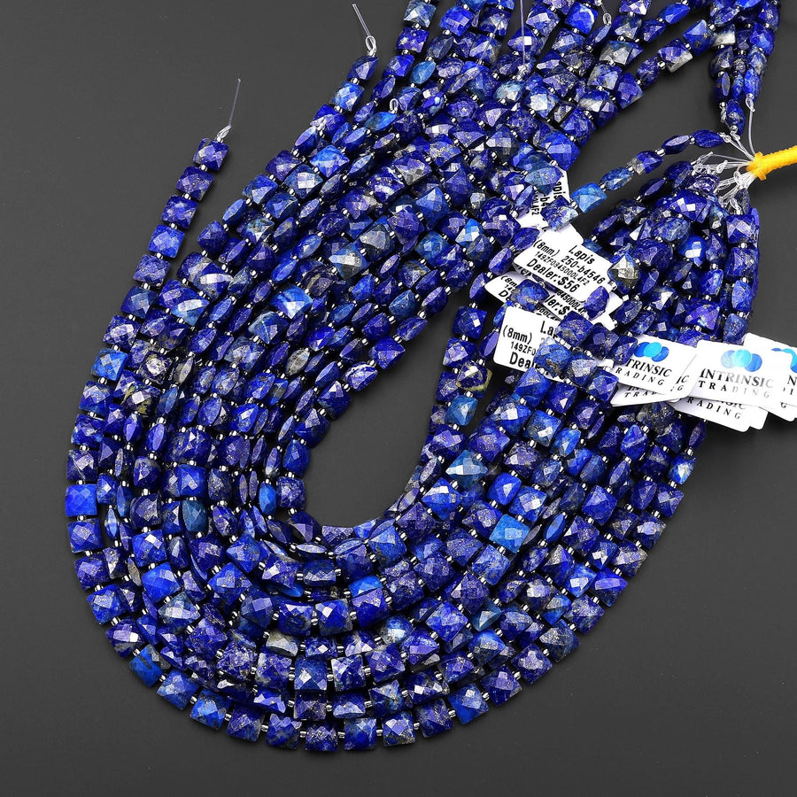 AAA Faceted Natural Blue Lapis Square Cushion 8mm Beads 15.5" Strand