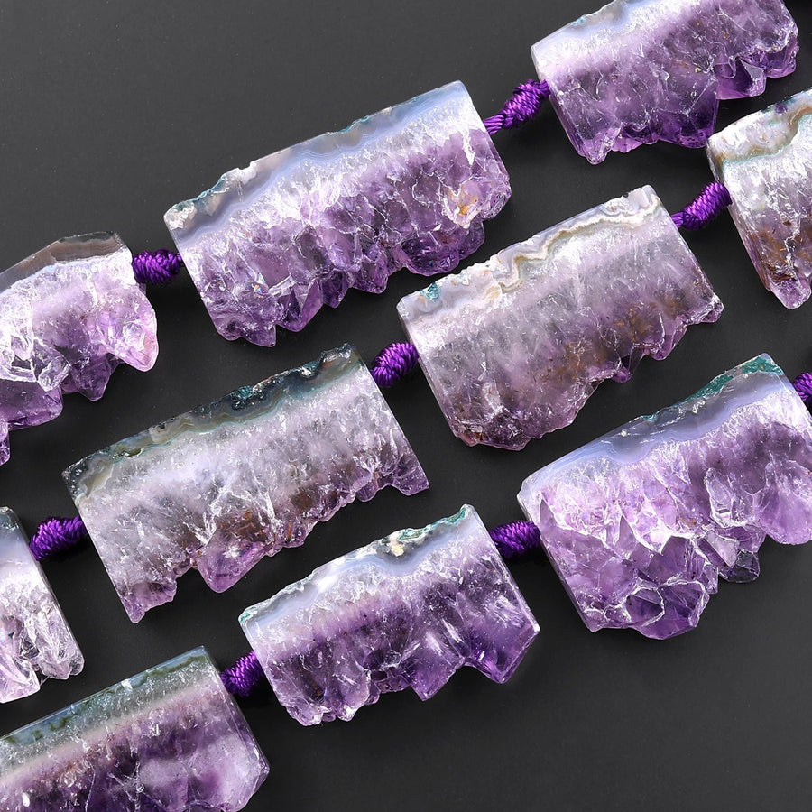 Natural Purple Amethyst Stalactite Slice Pendant Beads Side Drilled Rectangle Gemstone 15.5" Strand B1592