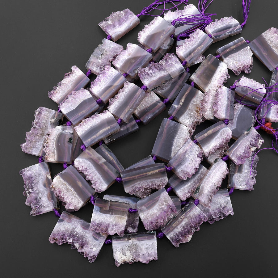 Natural Purple Amethyst Stalactite Slice Pendant Beads Side Drilled Rectangle Gemstone 15.5" Strand B1590