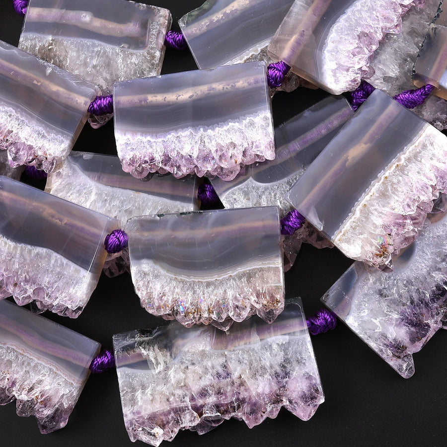 Natural Purple Amethyst Stalactite Slice Pendant Beads Side Drilled Rectangle Gemstone 15.5" Strand B1590