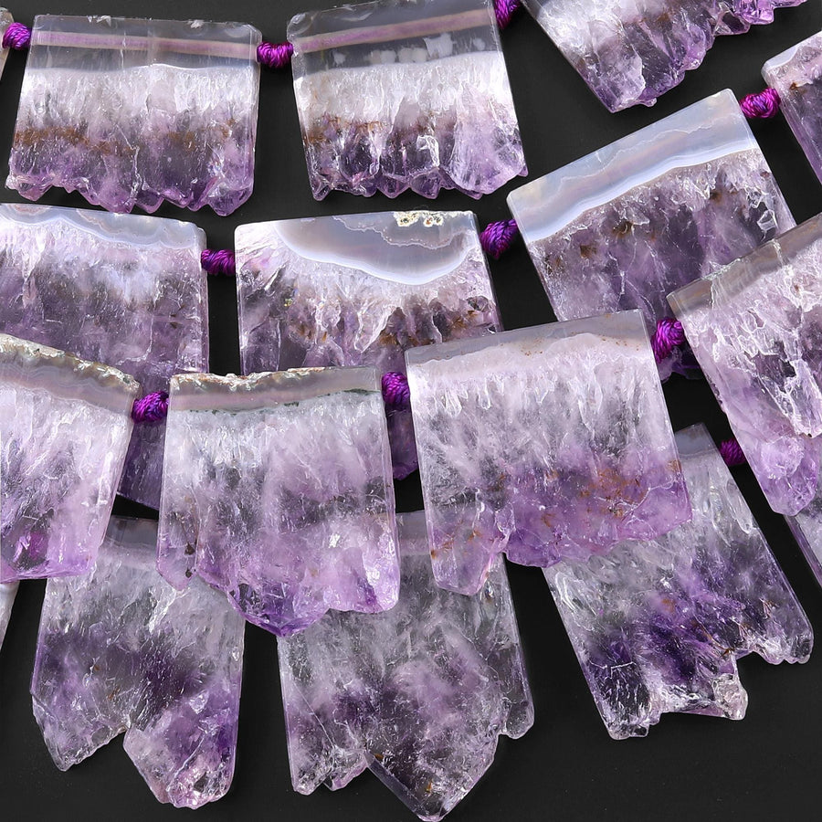 Natural Purple Amethyst Stalactite Slice Pendant Beads Side Drilled Rectangle Gemstone 15.5" Strand B1589