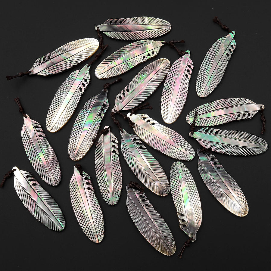 AAA Iridescent Hand Carved Natural Black Mother of Pearl Feather Pendant